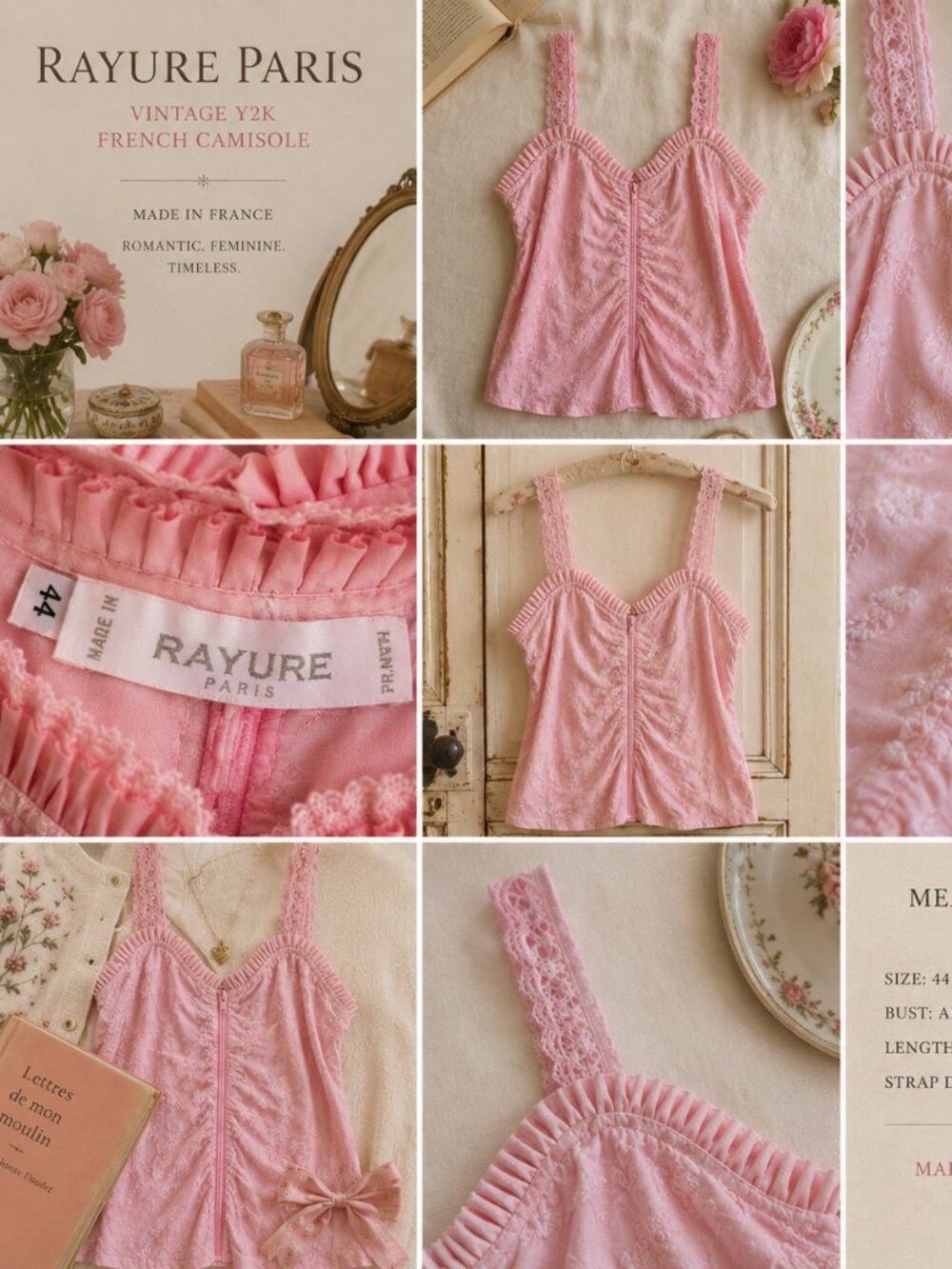 Vintage Rayure Paris Pink Textured Camisole Made in France Y2K Coquette Top - Picture 8 of 8